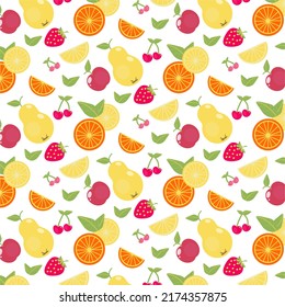 Seamless bright color pattern with fresh fruit. Summer berries, fruits, leaves. Kitchen design, spring cover, tropical wallpaper texture, backdrop, wedding invitation, wallpaper of children's room