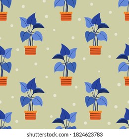 Seamless bright color pattern with plants pots. Vector interior design illustration