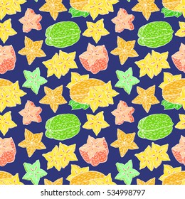 seamless bright color pattern of ripe tasty carambola. hand-drawn illustration