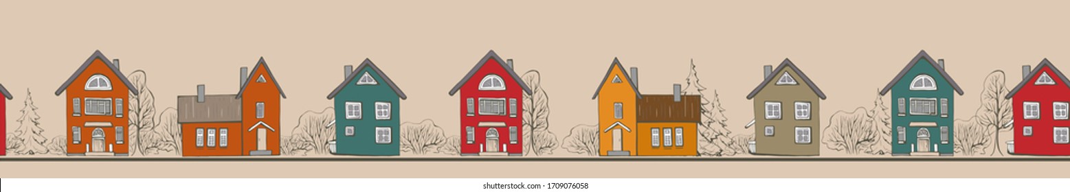 Seamless bright color scandinavia house facades street on white background with graphic trees.  Graphic cityscape border horizontal. Hand drawn vector  illustration isolated. Nordic style.