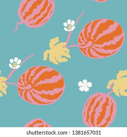 Seamless bright colored abstract watermelon plants with leaves, flowers and fruits.  Modern flat watercolor style. Blue turquoise, pink, yellow and orange.