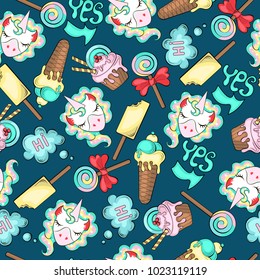 Seamless bright colorful background with unicorn shades with rainbow mane, sweets, candies, ice cream, greetings, yes, arrows, bows of pink, blue, yellow, turquoise hues on a dark blue background