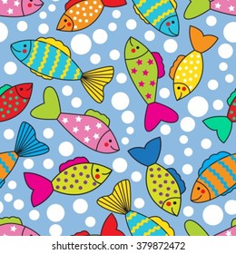 Seamless with bright colorful fish and bubbles
