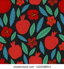 Seamless bright colorful floral pattern of pomegranates, flowers and leaves on dark background. Perfect for textile, manufacturing, fabric etc. Vector illustration