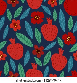 Seamless bright colorful floral pattern of pomegranates, flowers and leaves on dark background. Perfect for textile, manufacturing, fabric etc. Vector illustration