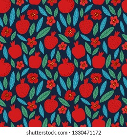 Seamless bright colorful floral pattern of pomegranates, flowers and leaves on dark background. Perfect for textile, manufacturing, fabric etc. Vector illustration