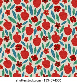 Seamless bright colorful floral pattern of pomegranates, flowers and leaves on beige background. Perfect for textile, manufacturing, fabric etc. Vector illustration