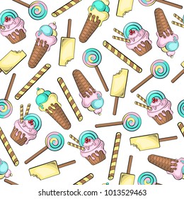 Seamless bright colorful ice cream pattern, cake, cream, caramel, cookies, lollipops, candies, fruits, pastel pink sweets, yellow, blue, turquoise, green hues. Food.