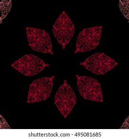 Seamless bright colorful pattern with abstract ornaments. Red lacy flowers background. Decorative ornamental backdrop for wallpaper, web, fabric, textile, cards, invitations, wrapping paper.
