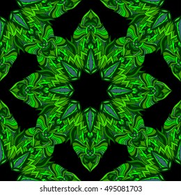 Seamless bright colorful pattern with abstract ornaments. Green flowers background. Decorative ornamental backdrop for wallpaper, web, fabric, textile, cards, invitations, wrapping paper.