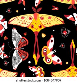 Seamless bright colorful pattern with different butterflies on a dark background