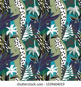 Seamless bright colorful pattern with flowers. Decorative exotic background with tropical plants
