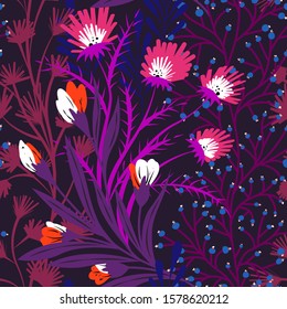 Seamless bright colorful pattern with flowers and plants. Decorative hand drawing background with abstraction