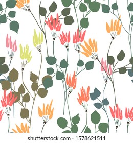 Seamless bright colorful pattern with flowers. Decorative hand drawn plants on white background. Fashion style