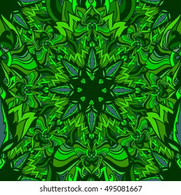 Seamless bright colorful pattern with green abstract ornaments. Decorative ornamental backdrop for wallpaper, web, fabric, textile, cards, invitations, wrapping paper.