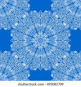 Seamless bright colorful pattern with hand drawn abstract lacy mandala motifs. Decorative ornamental backdrop for wallpaper, web, fabric, textile, cards, invitations, wrapping paper.