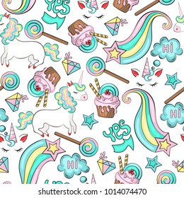 Seamless bright colorful pattern of unicorns, phrases hi and da, clouds of thoughts, stars, crystal, ice cream, cake, caramel, candy, sweets, pastel pink sweets, yellow, blue, turquoise, shades.