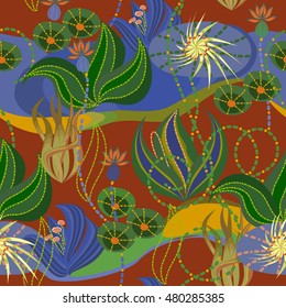 Seamless bright colorful tropical pattern. Vector picture with vines and exotic plants.Use for wallpaper, pattern fills,textile design.