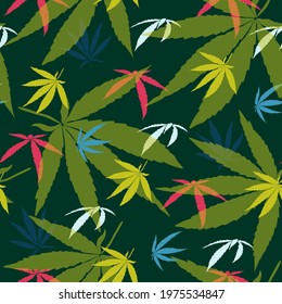 Seamless bright colors pattern with cannabis plant, cannabis leaves, marijuana plant, herb, medical herbs