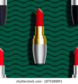 seamless bright contrast pattern red lipstick in gold   silver case green background  realistic image background green waves  stock vector illustration  EPS 10 