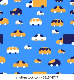 Seamless bright cute car pattern for baby boy. Cartoon car pattern.