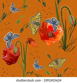 Seamless, bright, cute floral pattern with butterflies and field plants and poppies. Elegant plants are scattered randomly on an orange background. Vector for fashion prints, textiles, wallpapers