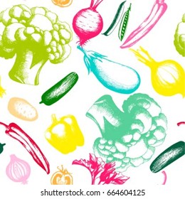 Seamless bright decorative background consisting of fresh healthy products. Vintage of vegetables.