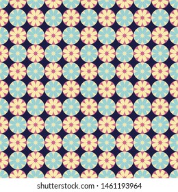 Seamless bright decorative pattern.  Colorful round shapes with floral elements on dark violet background.