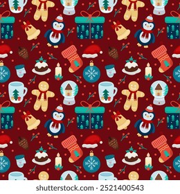 Seamless bright design with different Christmas elements on red background. Cute children's pattern or background