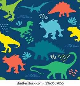 Seamless  bright  Dino pattern, print for T-shirts, textiles, wrapping paper, web. Original design with t-rex, dinosaur.  grunge design for boys and girls