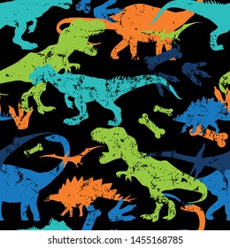 Seamless  bright Dino pattern, print for T-shirts, textiles, wrapping paper, web. Original design with t-rex, dinosaur.  grunge design for boys and girls