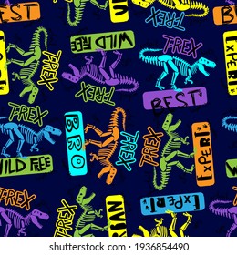 Seamless  Bright Dino pattern, print for T-shirts, textiles, wrapping paper, web. Original design with t-rex, dinosaur.  grunge design for boys and girls