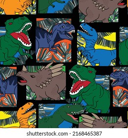 Seamless  bright Dino pattern, print for T-shirts, textiles, wrapping paper, web. Original design with t-rex, dinosaur.  grunge design for boys and girls