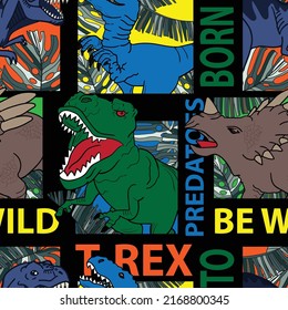 Seamless  bright Dino pattern, print for T-shirts, textiles, wrapping paper, web. Original design with t-rex, dinosaur.  grunge design for boys and girls