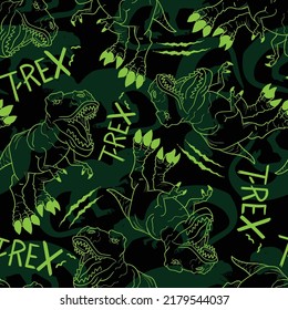 Seamless  bright Dino pattern, print for T-shirts, textiles, wrapping paper, web. Original design with t-rex, dinosaur.  grunge design for boys and girls