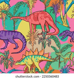 Seamless  bright  Dino pattern, print for T-shirts, textiles, wrapping paper, web. Original design with t-rex, dinosaur.  grunge design for boys and girls