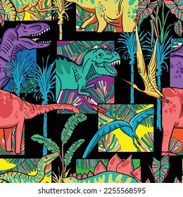 Seamless  bright Dino pattern, print for T-shirts, textiles, wrapping paper, web. Original design with t-rex, dinosaur.  grunge design for boys and girls