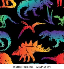 Seamless  bright  Dino pattern, print for T-shirts, textiles, wrapping paper, web. Original design with t-rex, dinosaur.  grunge design for boys and girls