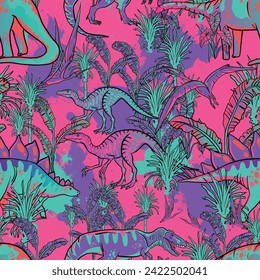 Patrón de Dino brillante sin incandescencias, impreso para camisetas, textiles, papel de envoltura, web. Diseño original con t-rex, dinosaurio.  diseño de grunge para niños y niñasPatrón de Dino brillante sin solera, impreso para T-sh