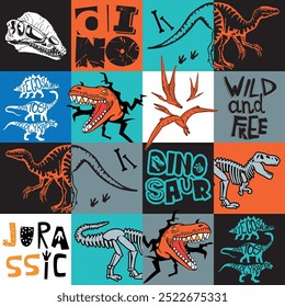 Padrão Dino brilhante contínuo, imprimir para camisetas, têxteis, papel de embrulho, web. Design original com t-rex, dinossauro. design grunge para meninos e meninasPadrão Dino brilhante sem emenda, impressão para T-sh