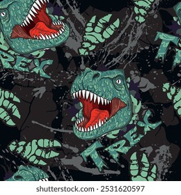 Seamless  bright Dino pattern, print for T-shirts, textiles, wrapping paper, web. Original design with t-rex, dinosaur.  grunge design for boys and girls