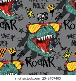 Seamless  bright Dino pattern, print for T-shirts, textiles, wrapping paper, web. Original design with t-rex, dinosaur.  grunge design for boys and girls