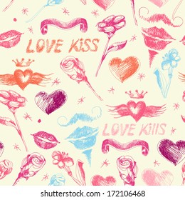 Seamless bright doodle pattern with Valentine day symbols