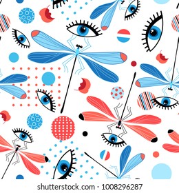 Seamless bright dragonfly pattern and eyes on a light background