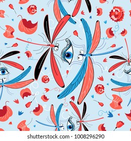 Seamless bright dragonfly pattern and eyes on a light background