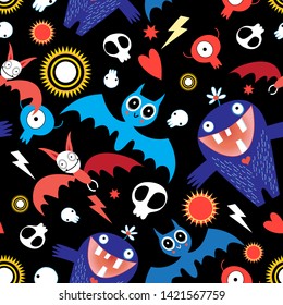 Seamless bright festive Halloween pattern with bats and monsters on a dark background