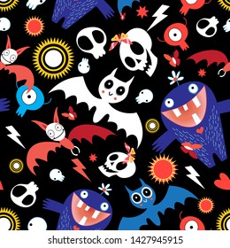 Seamless bright festive Halloween pattern with bats and monsters on a dark background