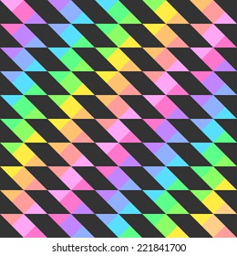 Seamless bright festive pattern of iridescent diagonal and horizontal stripes of equal thickness, forming black quadrilaterals for the holiday or congratulations