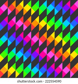 Seamless bright festive pattern of iridescent diagonal and horizontal stripes of equal thickness, forming black quadrilaterals for the holiday or congratulations