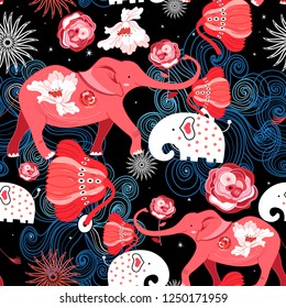 Seamless bright festive pattern of red elephants with roses